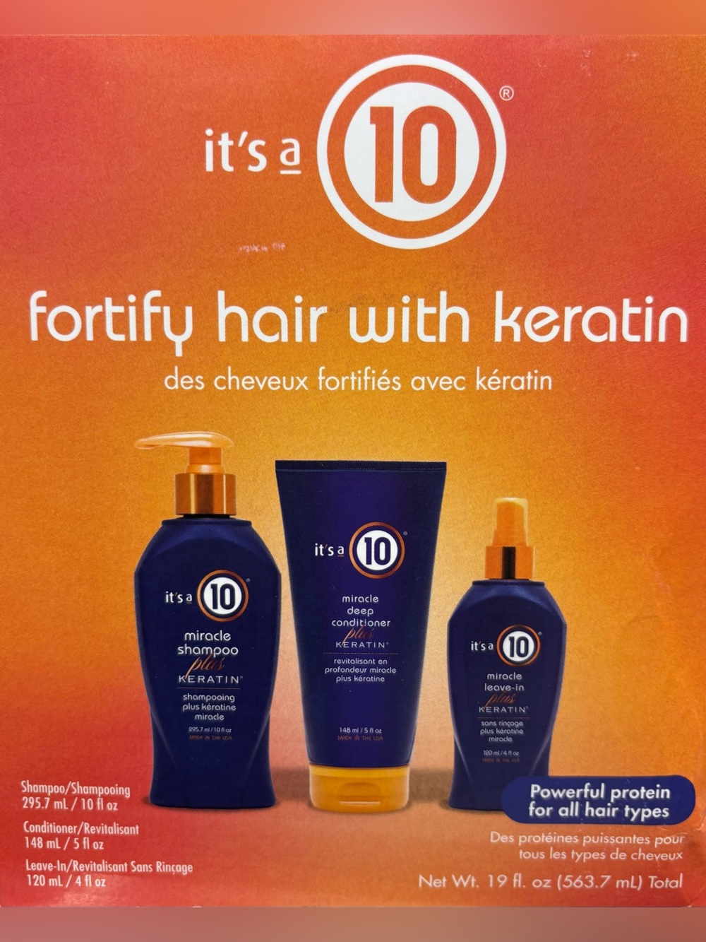 It's a 10 KERATIN PLUS KIT for hair: Shampoo, Conditioner & Miracle Leave-In